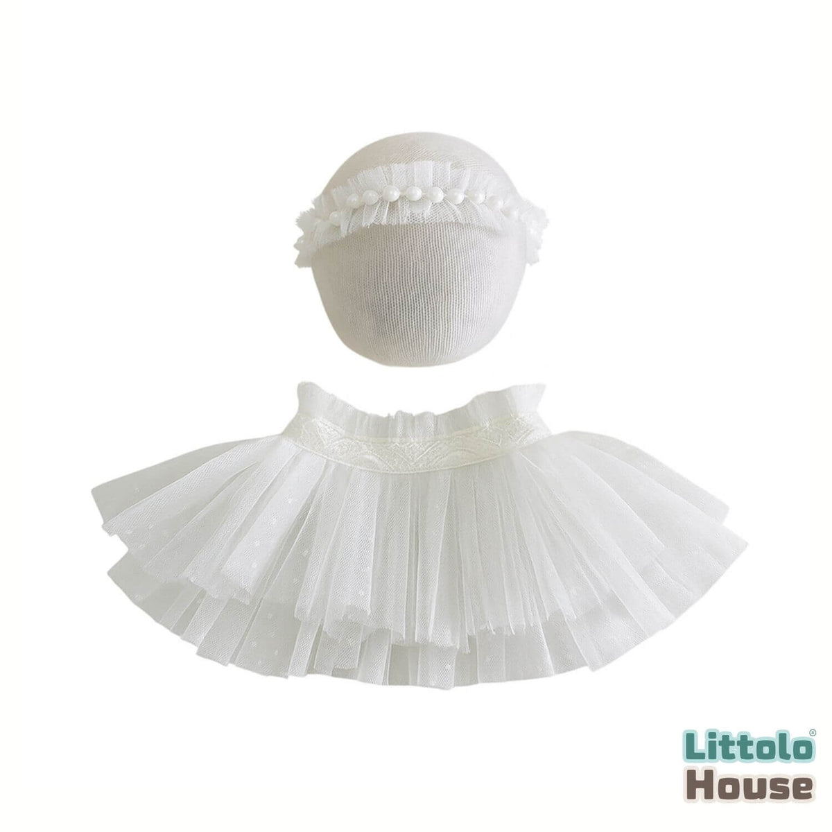 Baby Girl Net Frill Tutu Skirt with Pearl Headband O234 | NB | White