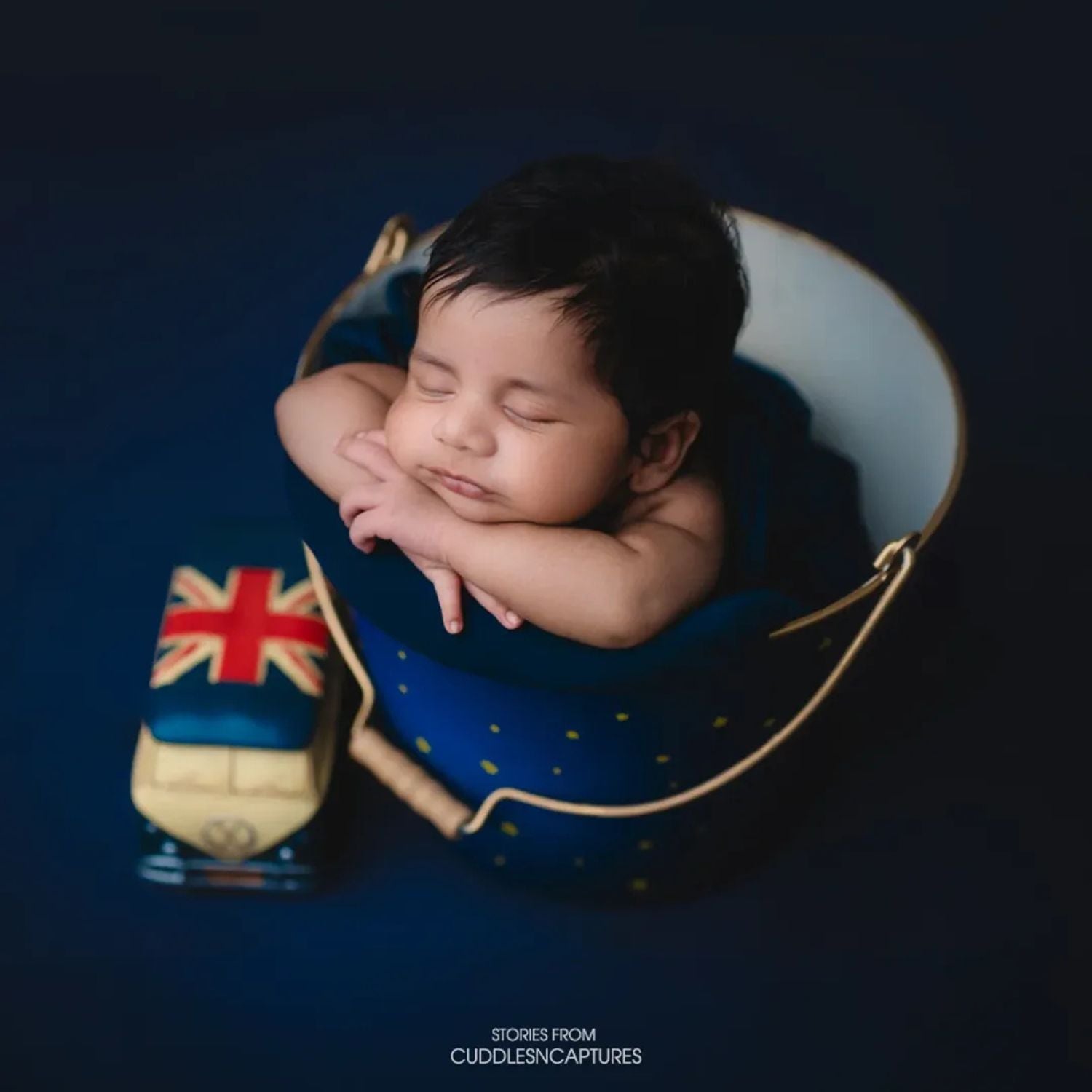 Hand Painted Space Theme Newborn Posing Metal Bucket | Iron Art | Navy Blue