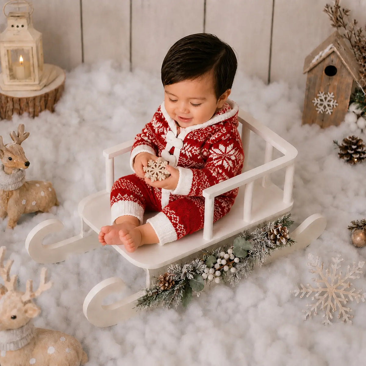 Handcrafted Modern Christmas Sleigh W056 | Wooden Decorative | Off White