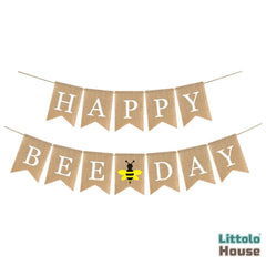 Happy Bee Day Banner, Rustic Burlap Bunting Swallowtail Flags D190 Set of 1 | M | Khaki