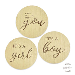 It's a Boy + It's Girl Combo Milestone Card Set of 3 | Wooden Decorative | Natural Wood