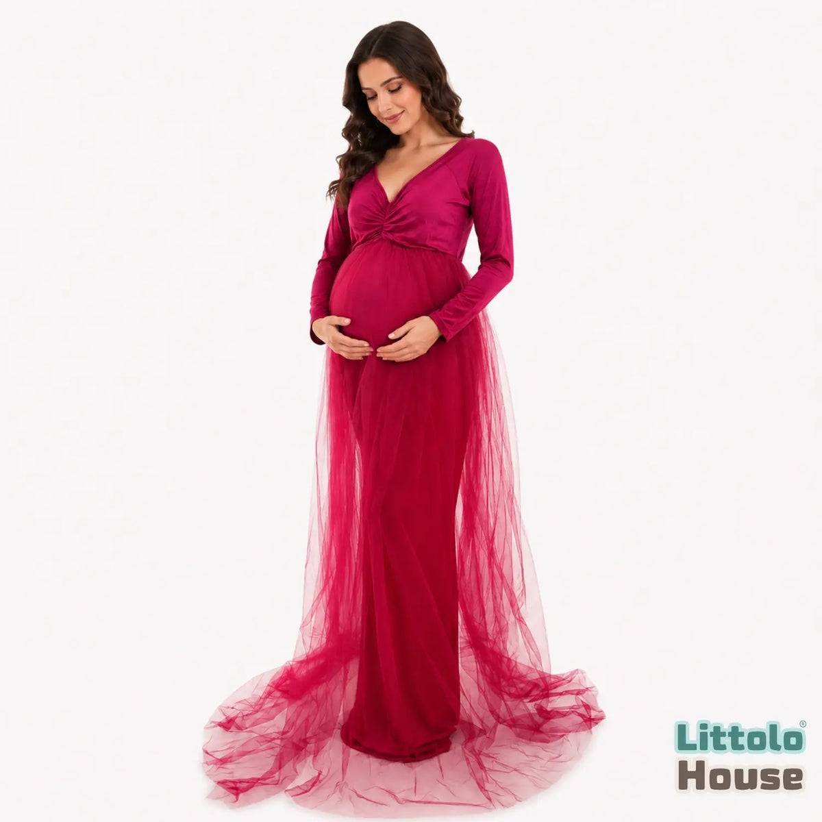 Jersey Maxi Dress with Net Flare M026 Maternity Gown | L | Cherry