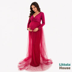 Jersey Maxi Dress with Net Flare M026 Maternity Gown | L | Cherry