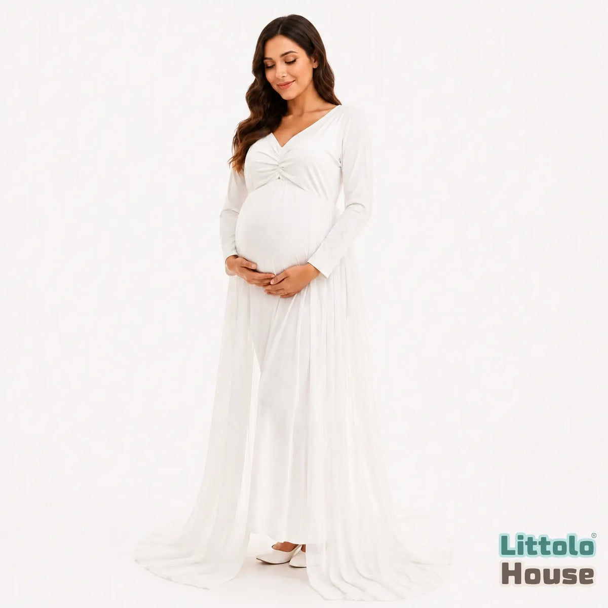 Jersey Maxi Dress with Net Flare M026 Maternity Gown | L | White