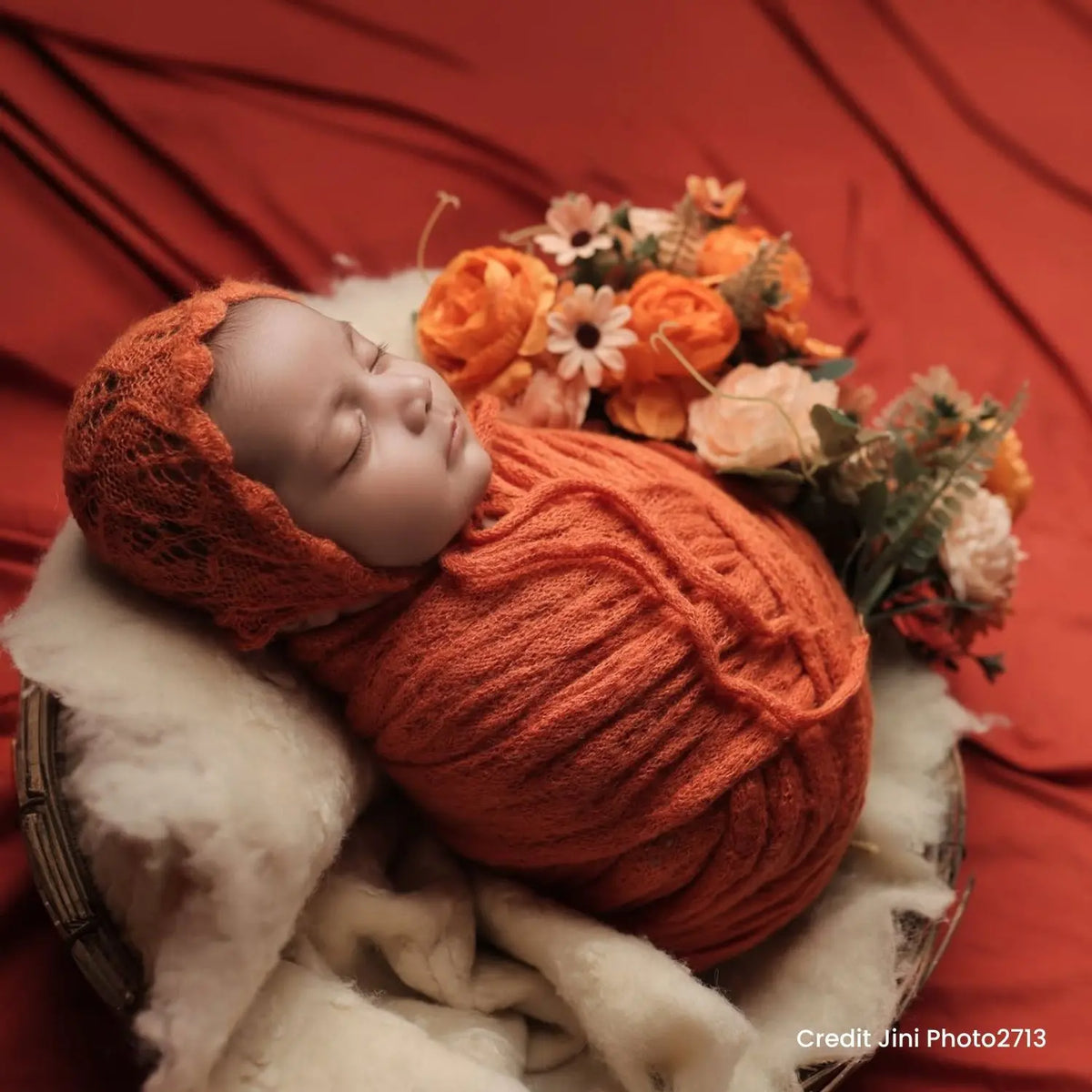 Wool Knitted Wrap with Knitted Bonnet SR054 | NB | Burnt Orange