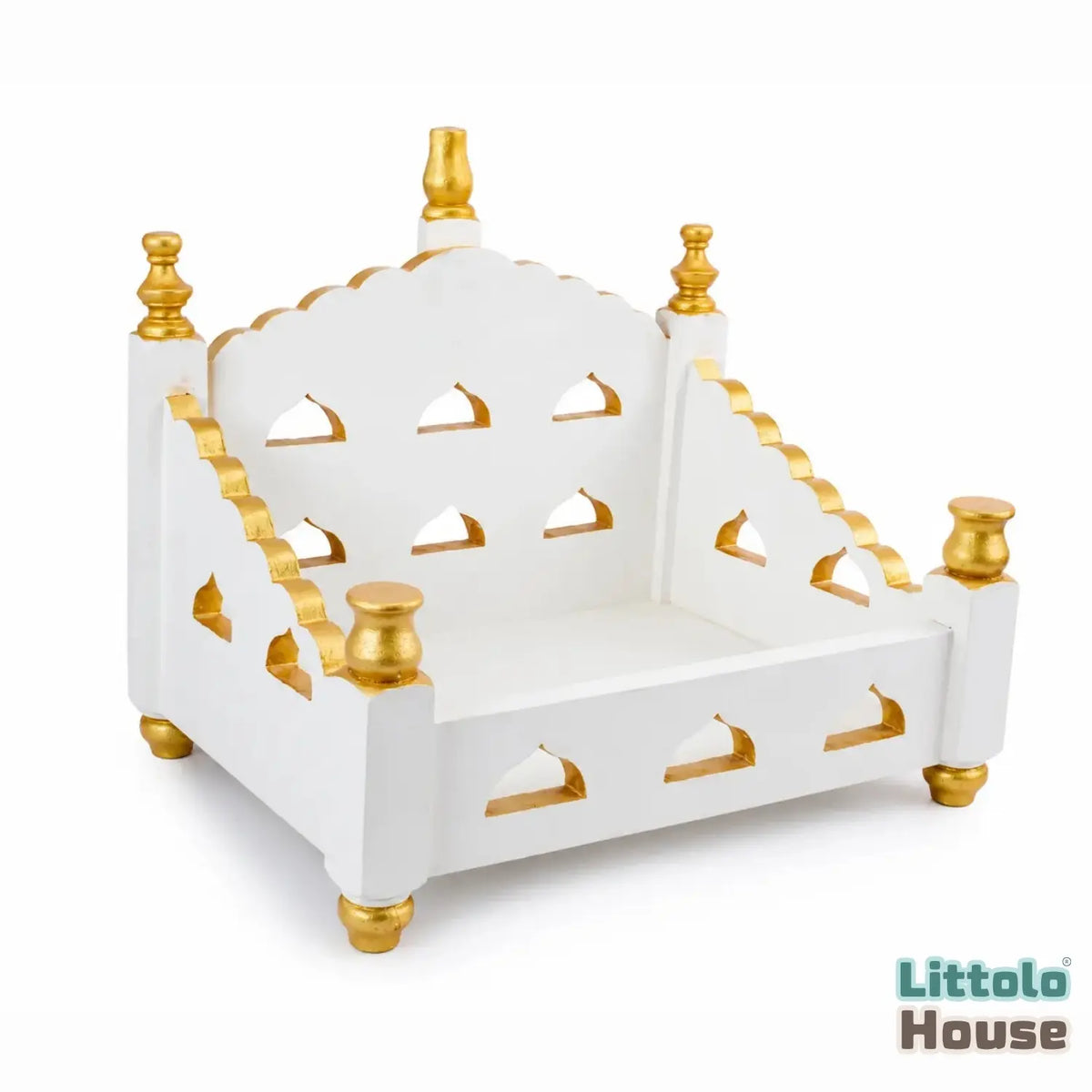 Royal Krishna Janmashtami Temple Sofa Cum Bed | Wooden Decorative | White Golden