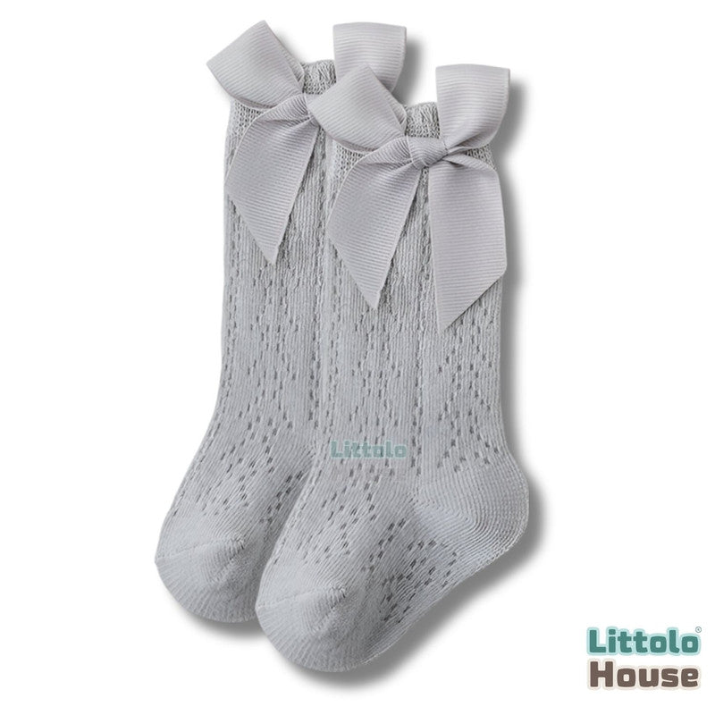 Baby Girl High Knee Knitted Baby Girl Socks with Satin Bow A | 1Y | Grey