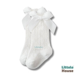 Baby Girl High Knee Knitted Baby Girl Socks with Satin Bow A | 1Y | Milky White