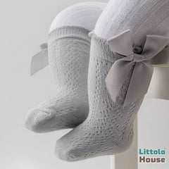 Baby Girl High Knee Knitted Baby Girl Socks with Satin Bow A | 1Y | Grey