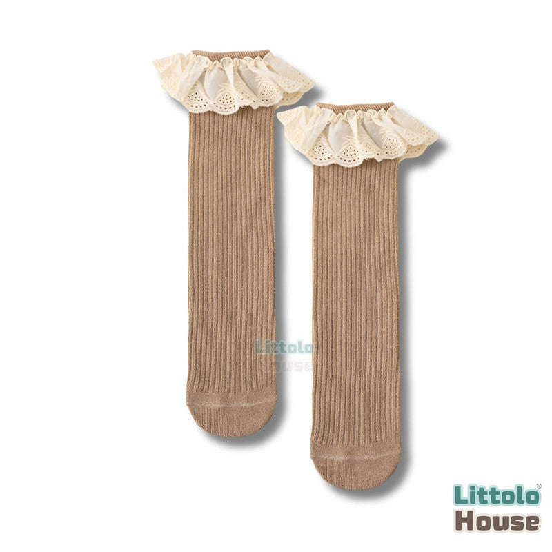 Baby Girl High Knee Lace Cotton Socks for Girls A | 1Y | Brown