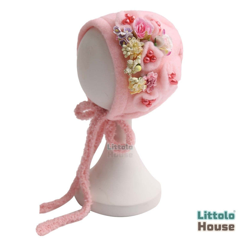 Pure Wool Flower Bonnet B038 | NB | Pink