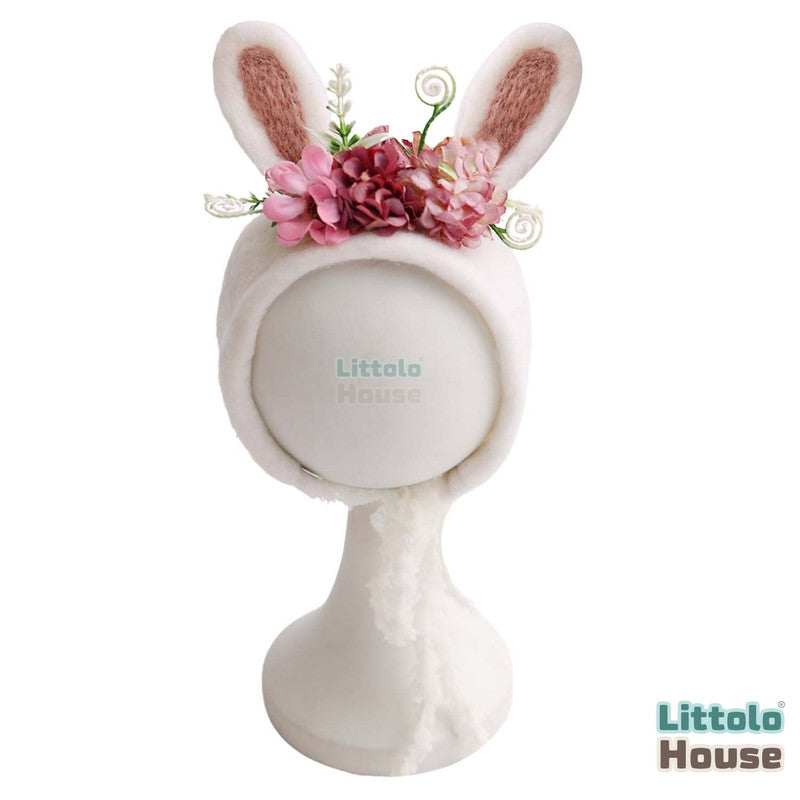 Handmade Felt Wool Cute Rabbit Bonnet Floral B040 | NB | Dark Pink