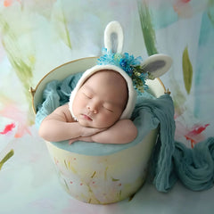 Handmade Felt Wool Cute Rabbit Bonnet Floral B040 | NB | Blue