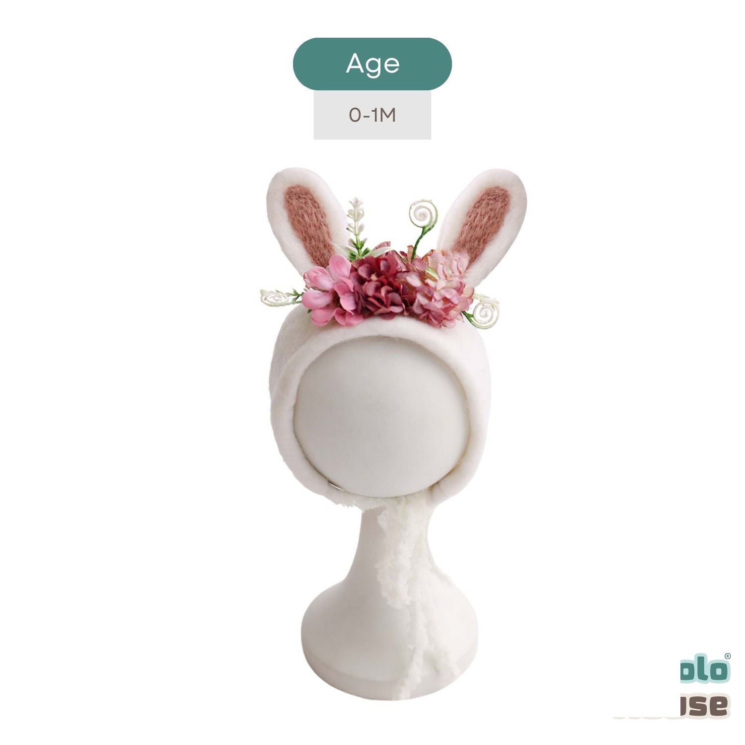 Handmade Felt Wool Cute Rabbit Bonnet Floral B040 | NB | Dark Pink