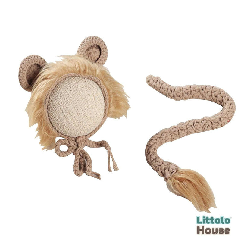 Newborn Crochet Lion Bonnet & Tail Set | NB | Light Brown