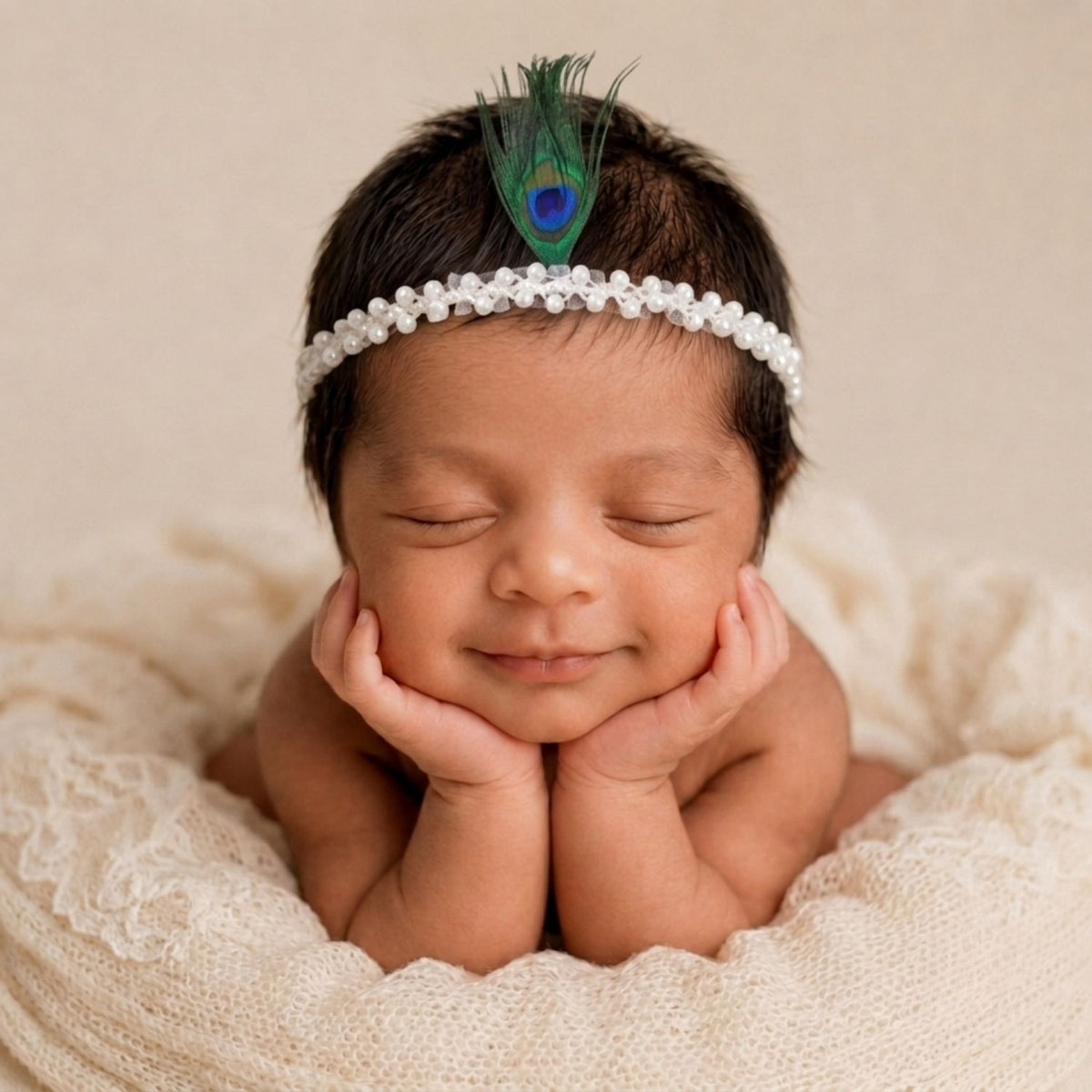 Krishna Peacock Feather Pearl Net Headband H121 | White