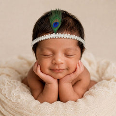 Krishna Peacock Feather Pearl Lace Headband H122 | White