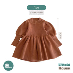 Baby Girl Puff Sleeve Girls Ribbed Dress O018 | 1Y | Brown