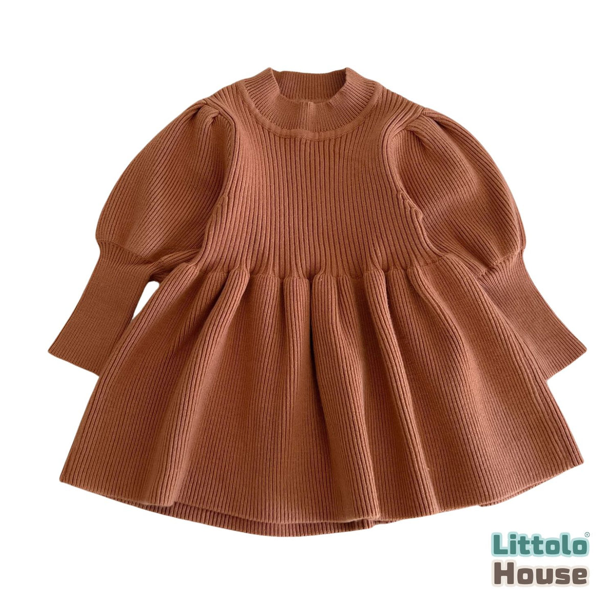 Baby Girl Puff Sleeve Girls Ribbed Dress O018 | 1Y | Brown