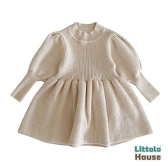 Baby Girl Puff Sleeve Girls Ribbed Dress O018 | 1Y | Caramel