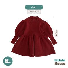 Baby Girl Puff Sleeve Girls Ribbed Dress O018 | 1Y | Cherry