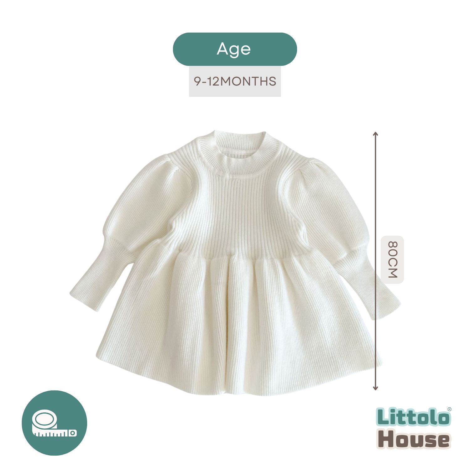 Baby Girl Puff Sleeve Girls Ribbed Dress O018 | 1Y | Off White