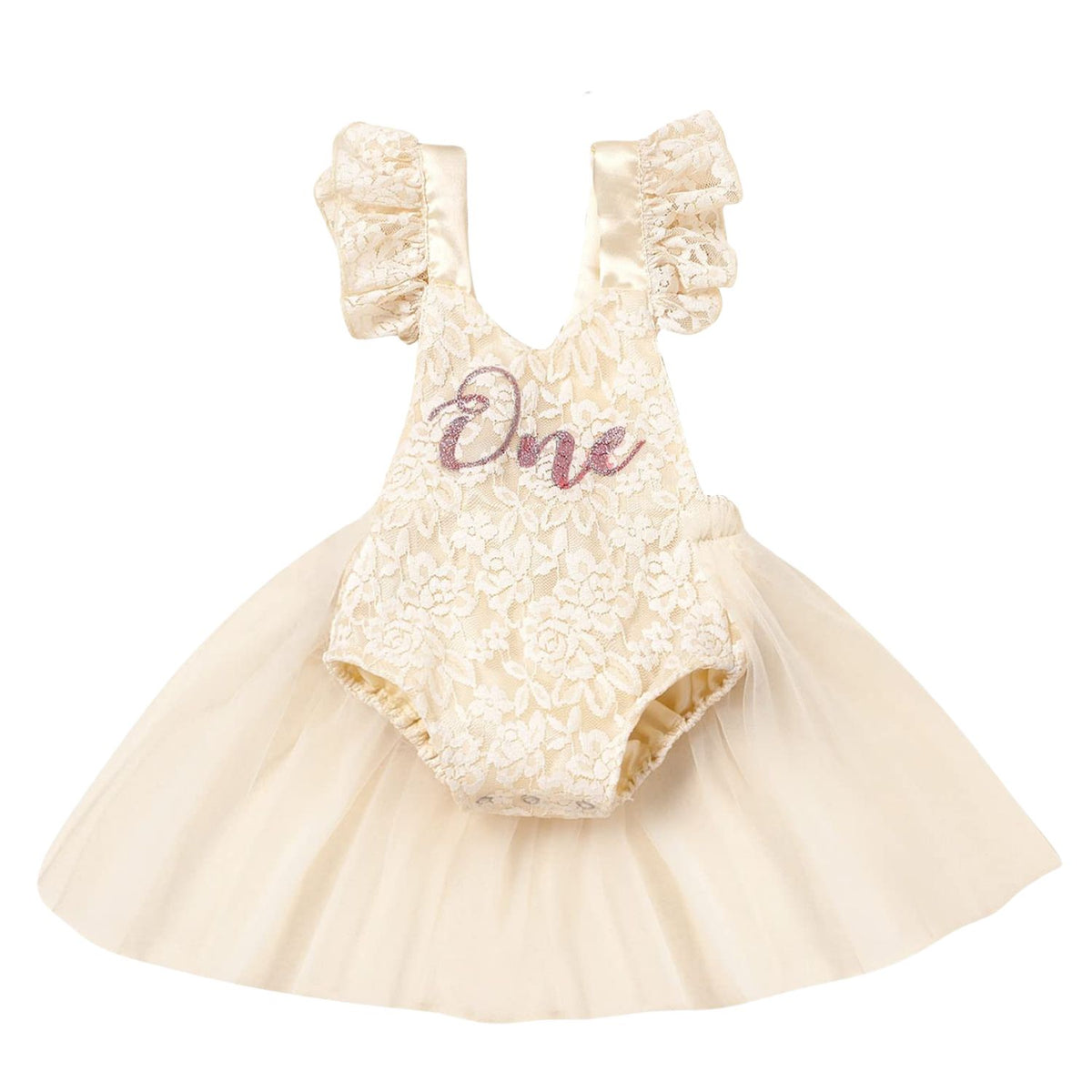 Baby Romper Lace Mesh Skirt with Airplane Sleeves Outfit O022 | 1Y | Beige