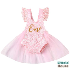 Baby Romper Lace Mesh Skirt with Airplane Sleeves Outfit O022 | 1Y | Pink