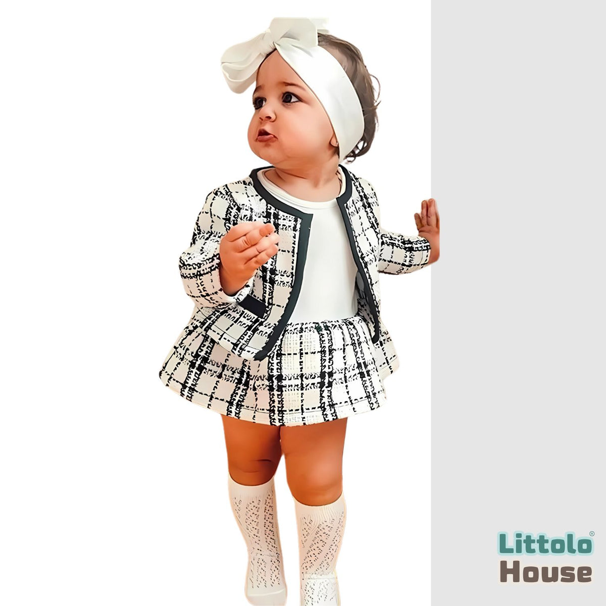 Baby Girl Fashion Pageant Plaid Coat Dress Costume O036 | 1Y | Black White