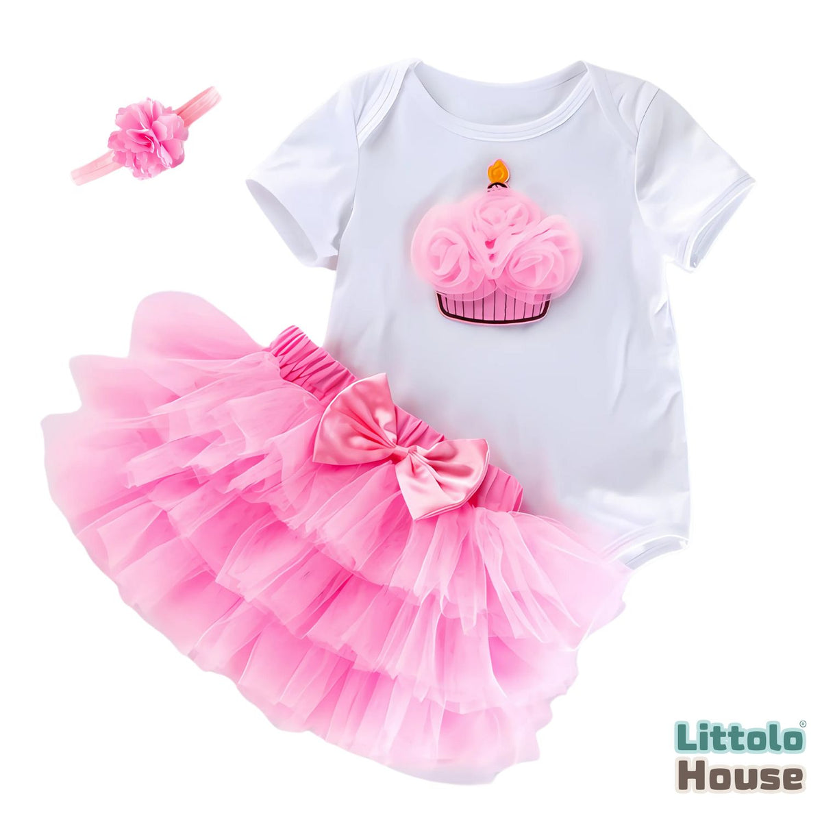 Baby Girl Birthday Cake Smash Outfit Tutu Skirt with White Romper and Hairband. Outfit O070 | 1Y | Pink White