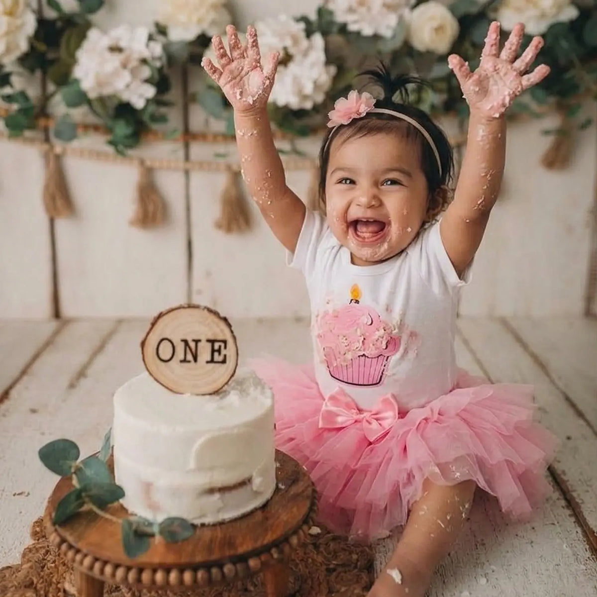 Baby Girl Birthday Cake Smash Outfit Tutu Skirt with White Romper and Hairband. Outfit O070 | 1Y | Pink White