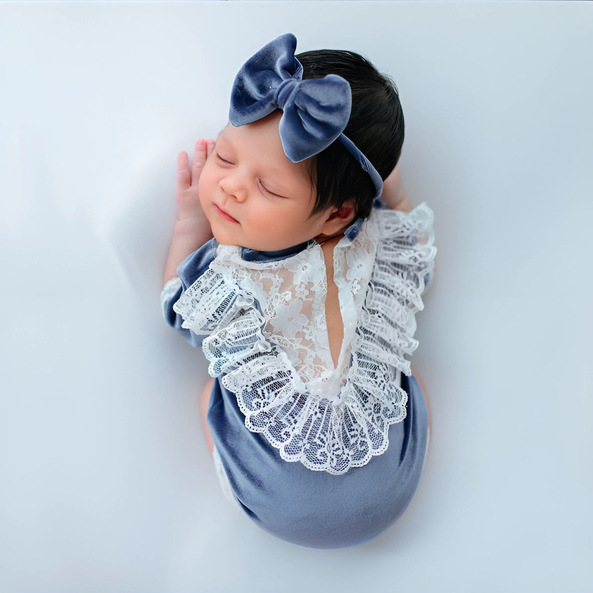 Baby Girl Velvet Romper with Hairband O089 | NB | Blue