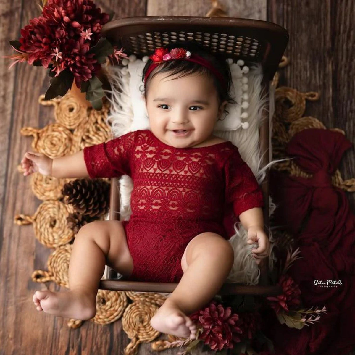 Baby Girl Lace Net Backless Romper with Hairband O109 | 2M | Maroon