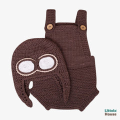 Baby Crochet Aviator Romper with Hat O125 | 2M | Brown
