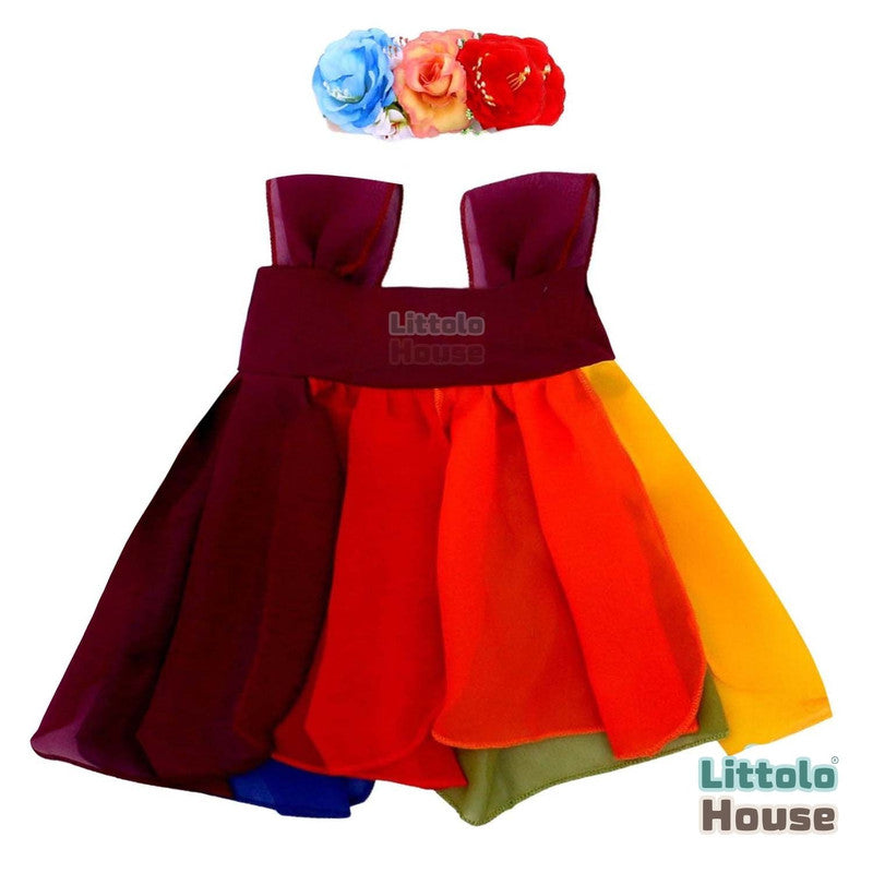 Baby Girl Rainbow Color Frock with Headband O148 | 3M | Multicolor Dark Shades