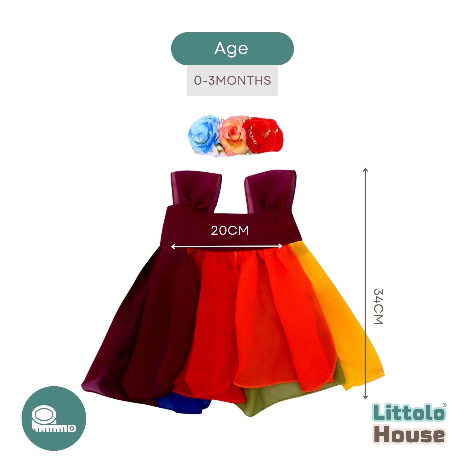 Baby Girl Rainbow Color Frock with Headband O148 | 3M | Multicolor Dark Shades