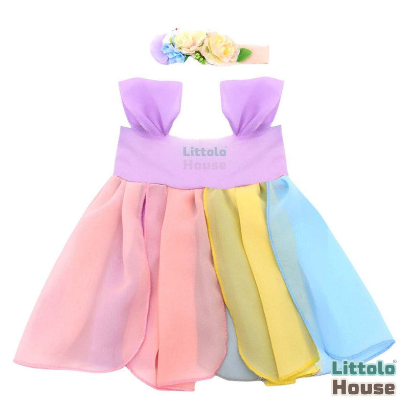 Baby Girl Rainbow Color Frock with Headband O149 | 3M | Multicolor Pastel Shades