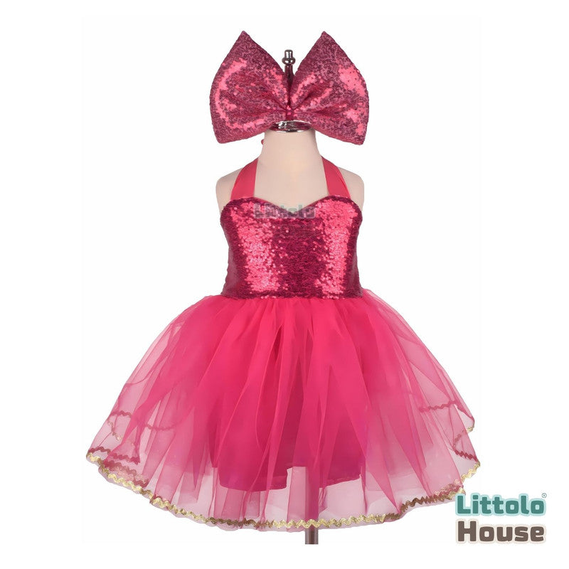 Baby Girl Barbie Costume Frock with Jumbo Hair Bow Clip O150 | 1Y | Dark Pink