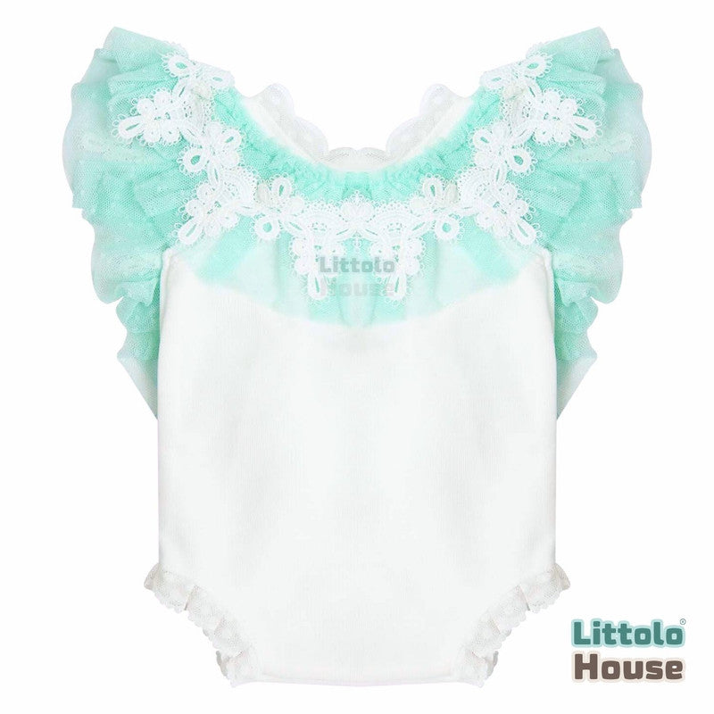 Baby Girl Lace Net Romper with Headband O156 | NB | Sage Green