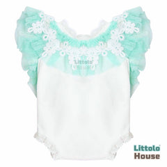 Baby Girl Lace Net Romper with Headband O156 | NB | Sage Green