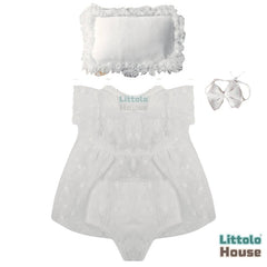 Baby Girl Lace Frill Frock with Posing Aid, Headband & Shorts O158 | NB | White