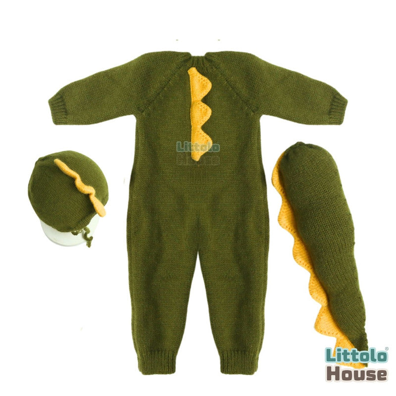 Baby Girl Dinosaur Costume Wool Hand Knitted Romper with Hat & Tail O159 | NB | Hemlock