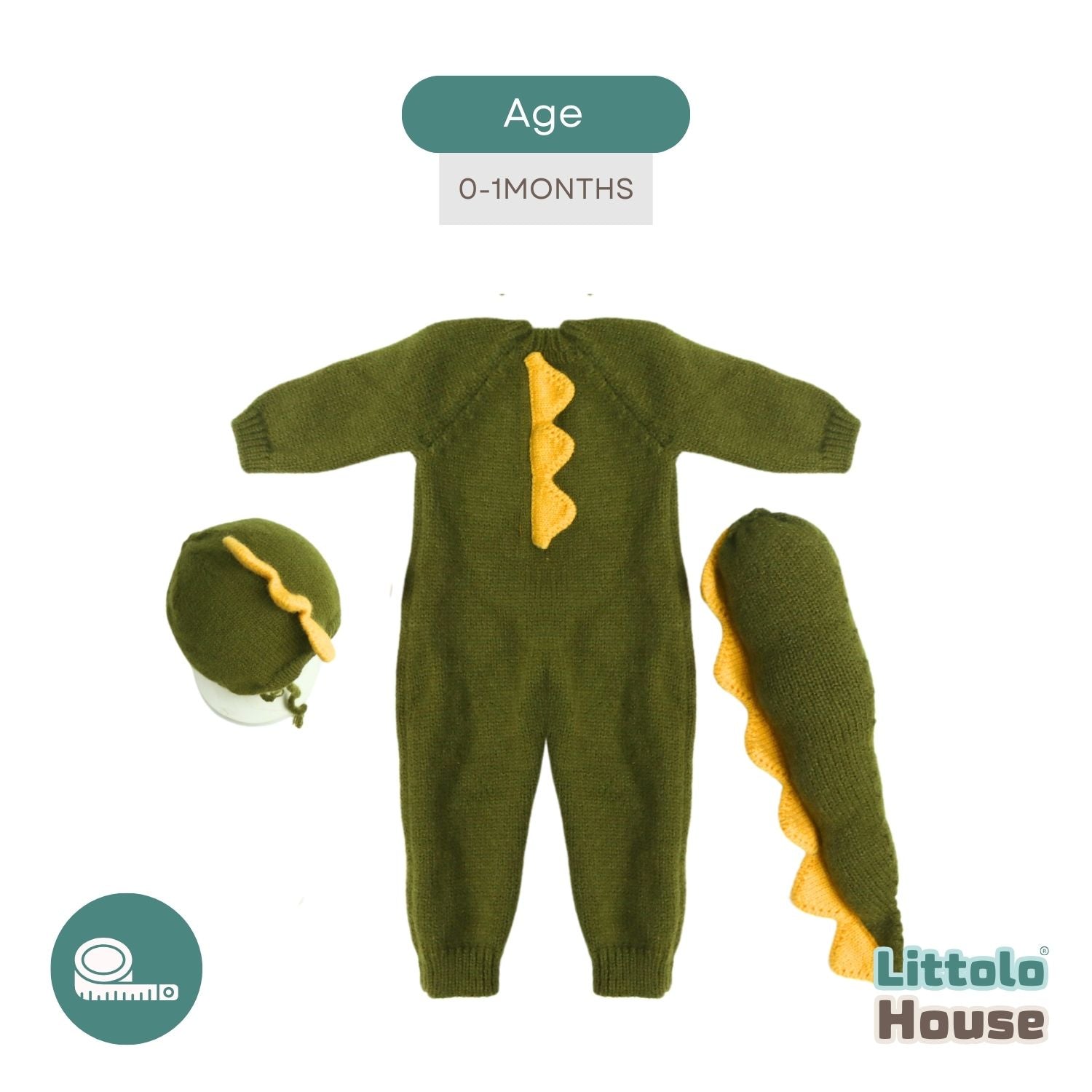 Baby Girl Dinosaur Costume Wool Hand Knitted Romper with Hat & Tail O159 | NB | Hemlock