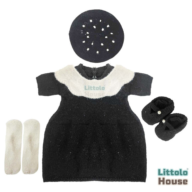 Baby Fashion Fiesta Costume Wool Hand Knitted Romper, Bib, Hat, Socks & Booties O160 | 3M | Black White