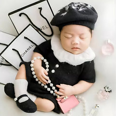 Baby Fashion Fiesta Costume Wool Hand Knitted Romper, Bib, Hat, Socks & Booties O160 | 3M | Black White