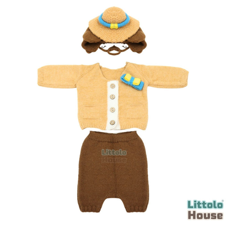 Baby Explorer Costume Wool Hand Knitted Romper with Hat O161 | NB | Mustard