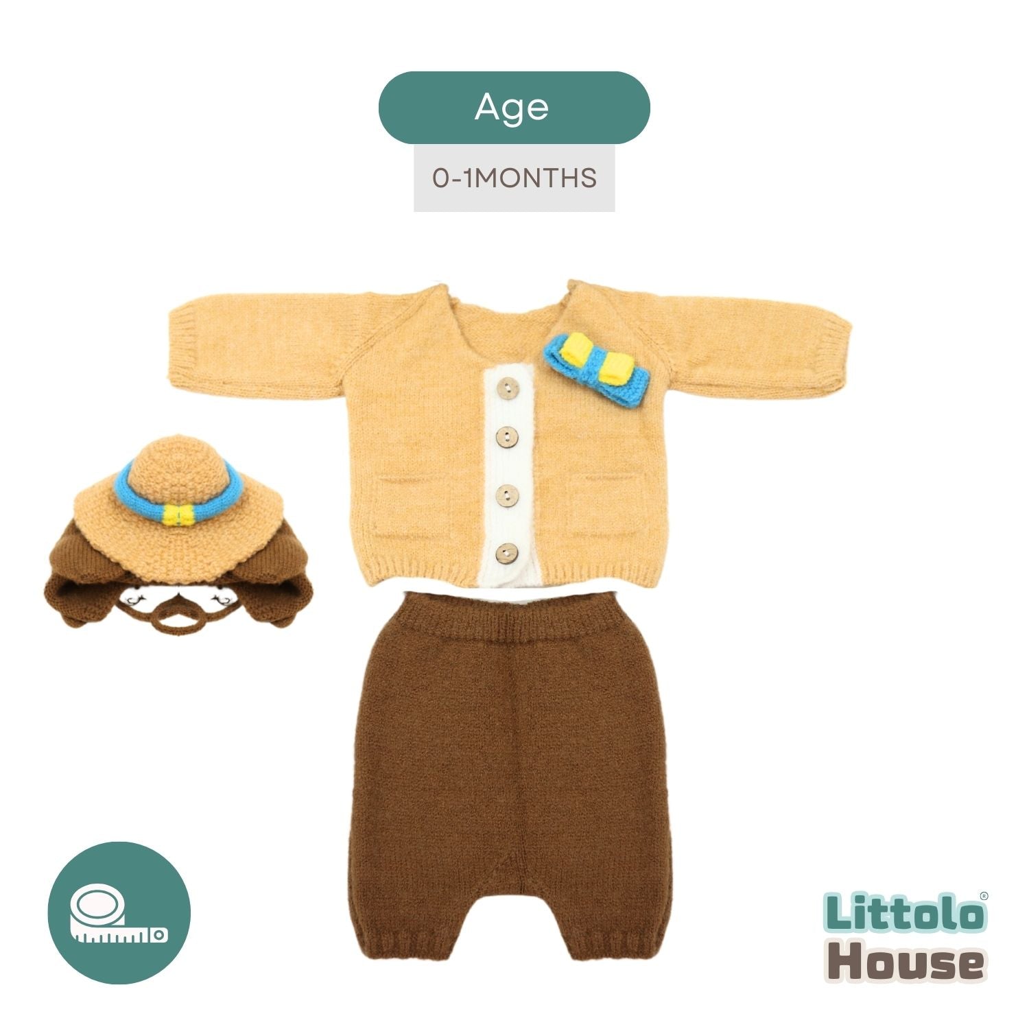 Baby Explorer Costume Wool Hand Knitted Romper with Hat O161 | NB | Mustard