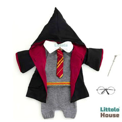 Baby Harry Potter Wizard Cosplay Halloween Costume Hooded Robe Sweater Tie Pant with Scarf and Goggle Outfit O162 | 3M | Grey Black