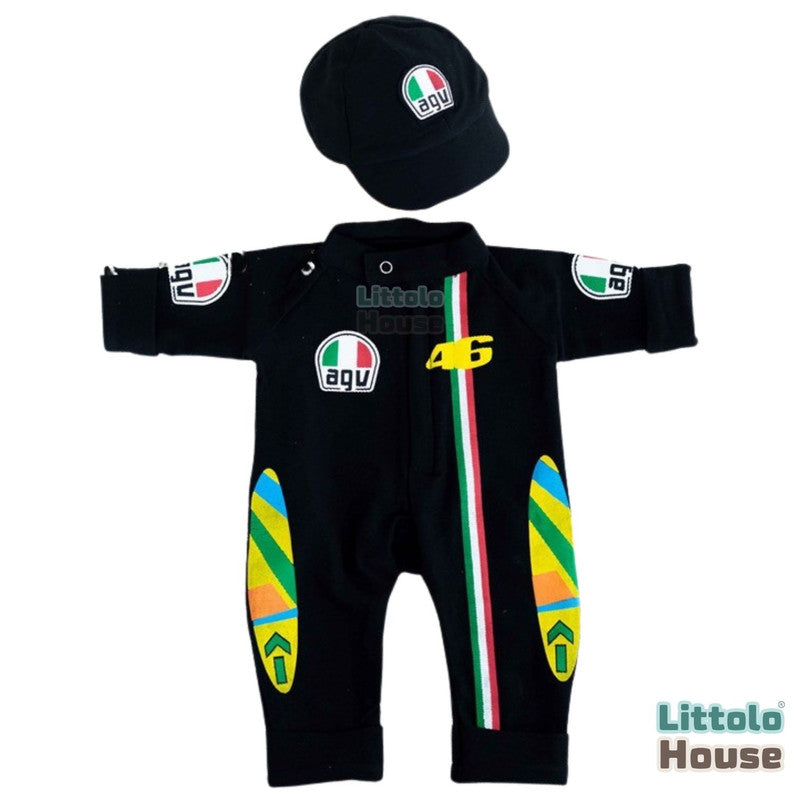 Baby Motorcycle Riding Racing Costume Romper & Cap O165 | NB | Black