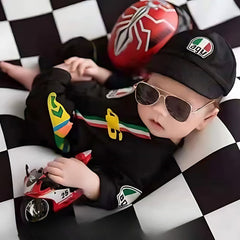 Baby Motorcycle Riding Racing Costume Romper & Cap O165 | NB | Black